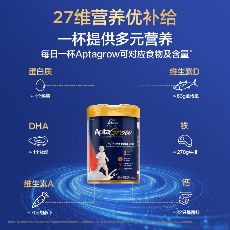 澳洲 爱他美(Aptamil)AptaGrow儿童成长奶粉 3+段 900g/罐 适合3-6岁